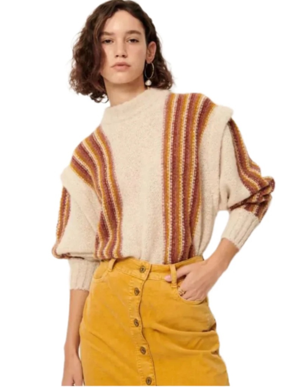 Sessun Cream Cowl-Neck Sweater with Warm brown Accent Stripes - French brand